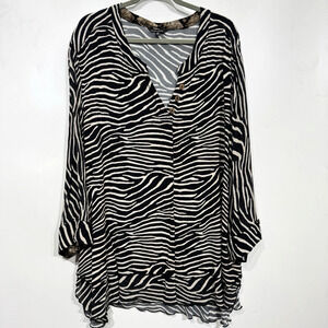 John Mark Women's Zebra Print V-Neck Blouse Sz 3X Brown Buttons Lagenlook Artsy